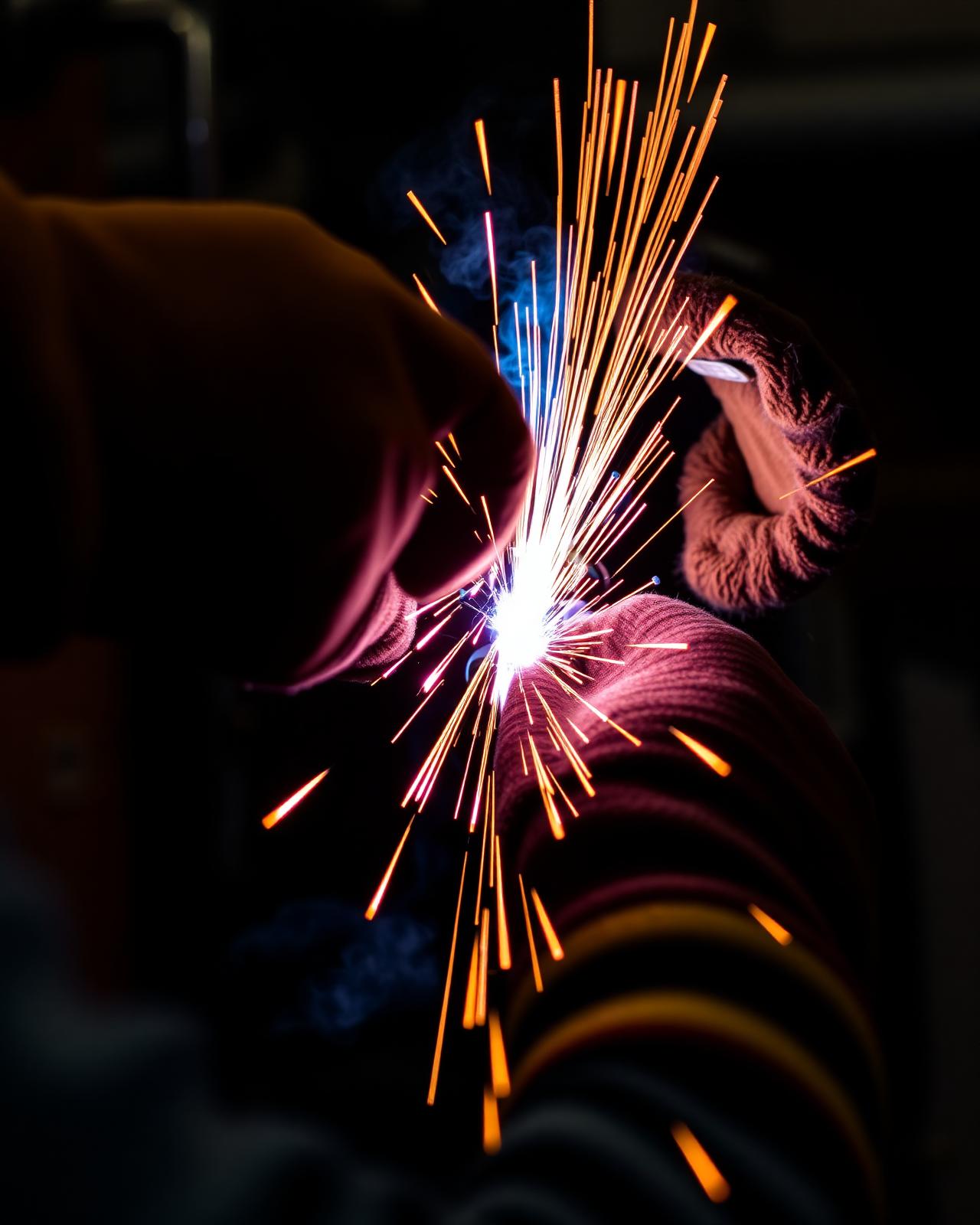 Welder shaping a custom metal gate frame, sparks flying